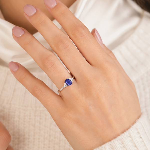 Oval Shape Blue Sapphire Trefoil Diamond Engagement Ring in 18ct Gold and Platinum