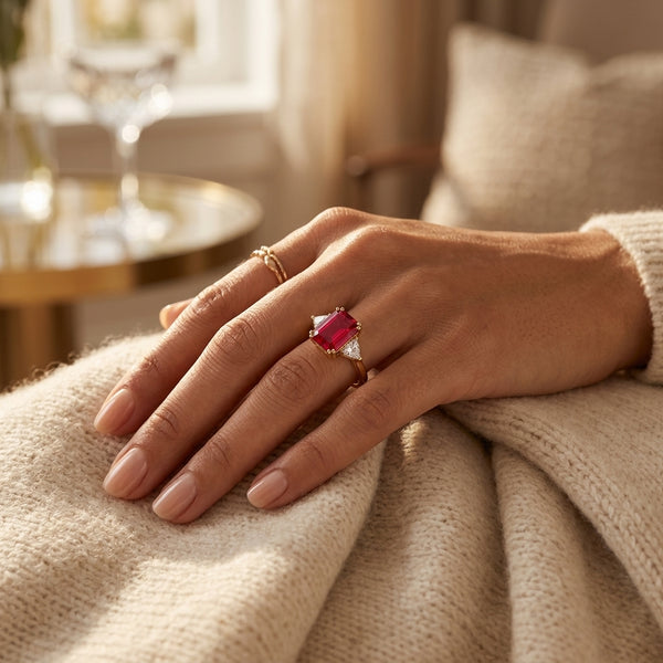 Ruby Trilogy Ring with Trillion side stone Dress Ring