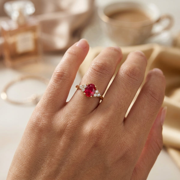 Diamond Trefoil Oval Shape Ruby Engagement Ring in 18ct Gold and Platinum