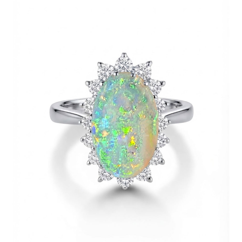 Platinum Exquisite Oval Opal & 1ct Diamond Halo Ring