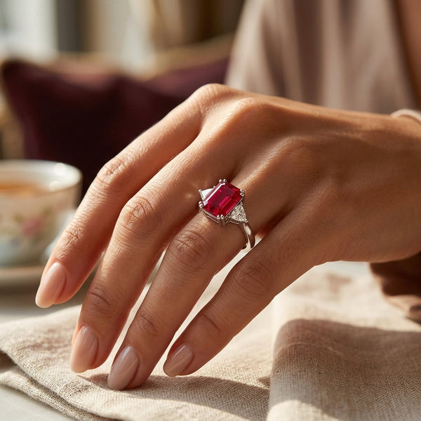 Ruby Trilogy Ring with Trillion side stone Dress Ring