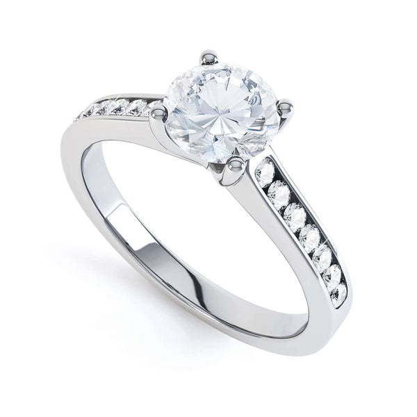 Round Brilliant Cut Centre Stone, Four Claw, Parallel Channel Set Shoulders, Diamond Engagement Ring