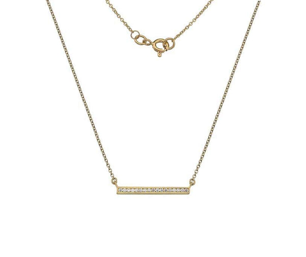 A 9ct yellow gold bar pendant necklace with a polished finish.
