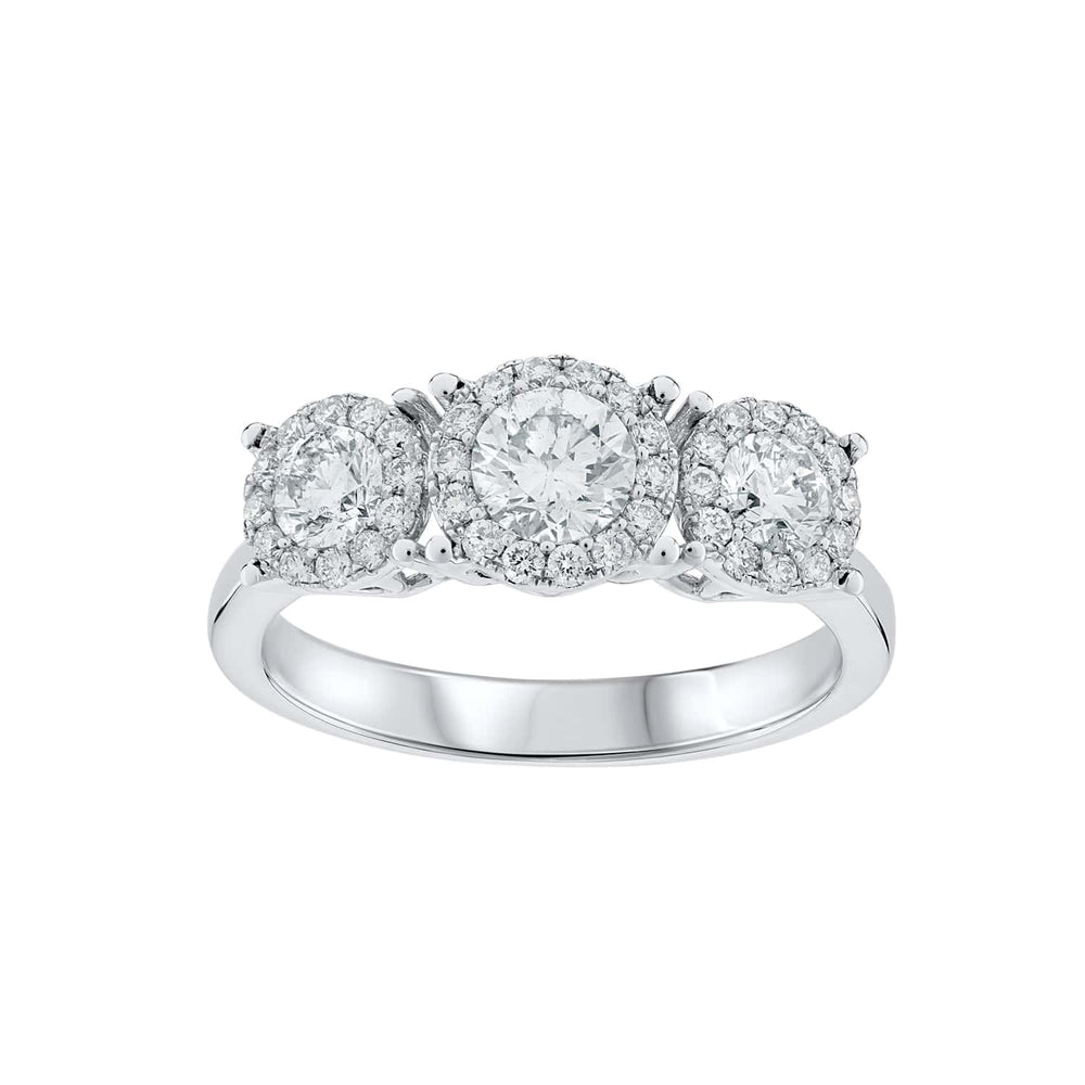 White gold ring with three round diamond clusters set in a row.