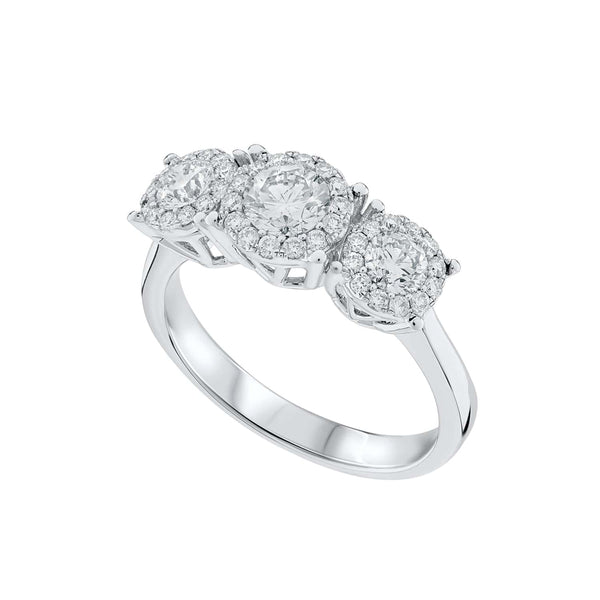 White gold ring with three round diamond clusters set in a row.
