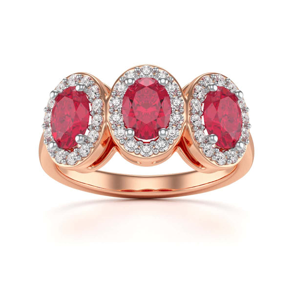 18ct Gold Diamond Halo 3 Rubies Engagement Ring - Oval Shape