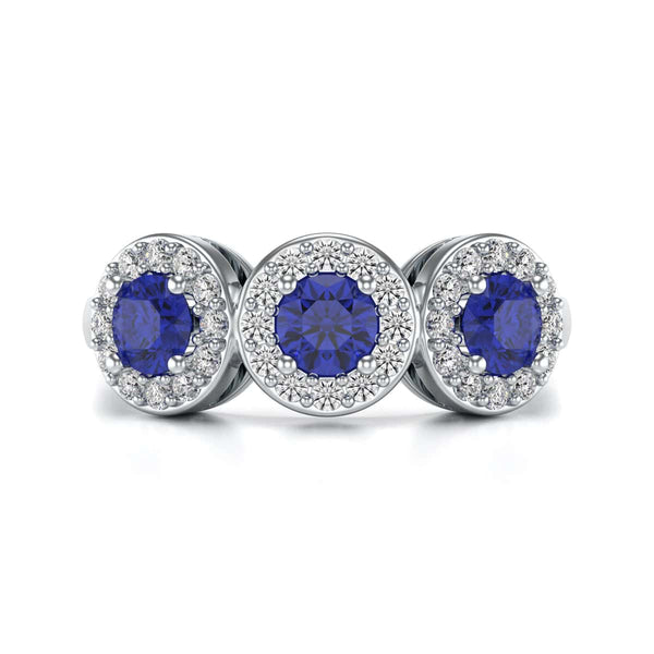 Diamond Halo Round Shape 3 Blue Sapphires Ring in 18ct Gold and Platinum