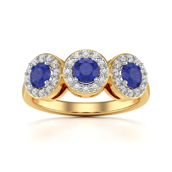 Diamond Halo Round Shape 3 Blue Sapphires Ring in 18ct Gold and Platinum