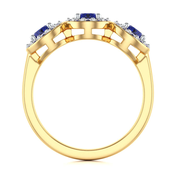 Diamond Halo Round Shape 3 Blue Sapphires Ring in 18ct Gold and Platinum