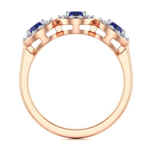 Diamond Halo Round Shape 3 Blue Sapphires Ring in 18ct Gold and Platinum