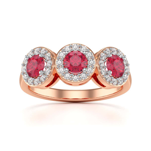 18ct Gold Diamond Halo 3 Rubies Engagement Ring - Round Emarald
