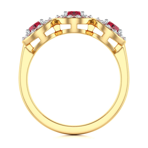 18ct Gold Diamond Halo 3 Rubies Engagement Ring - Round Emarald