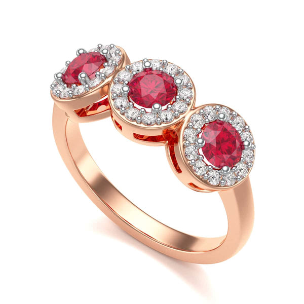 18ct Gold Diamond Halo 3 Rubies Engagement Ring - Round Emarald