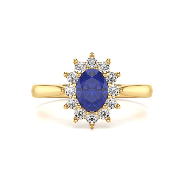 Oval Shape Blue Sapphire Engagement Ring - Diamond Halo Cluster in 18ct Gold and Platinum- Princess Diana Inspired