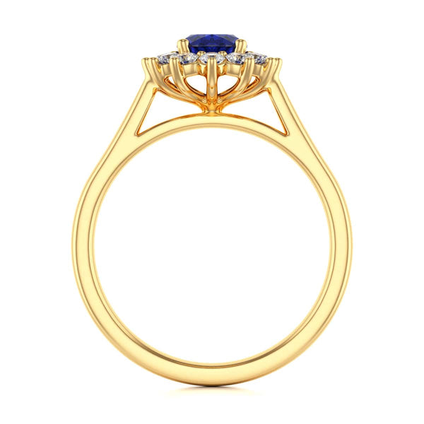 Oval Shape Blue Sapphire Engagement Ring - Diamond Halo Cluster in 18ct Gold and Platinum- Princess Diana Inspired