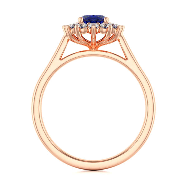Oval Shape Blue Sapphire Engagement Ring - Diamond Halo Cluster in 18ct Gold and Platinum- Princess Diana Inspired
