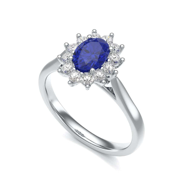 Oval Shape Blue Sapphire Engagement Ring - Diamond Halo Cluster in 18ct Gold and Platinum- Princess Diana Inspired