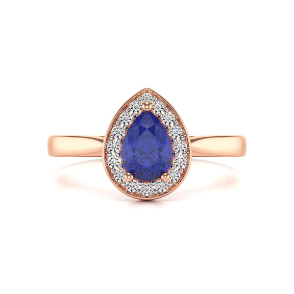 Diamond Halo Pear Shape Blue Sapphire Engagement Ring in 18ct Gold and Platinum