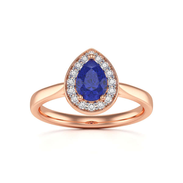Diamond Halo Pear Shape Blue Sapphire Engagement Ring in 18ct Gold and Platinum