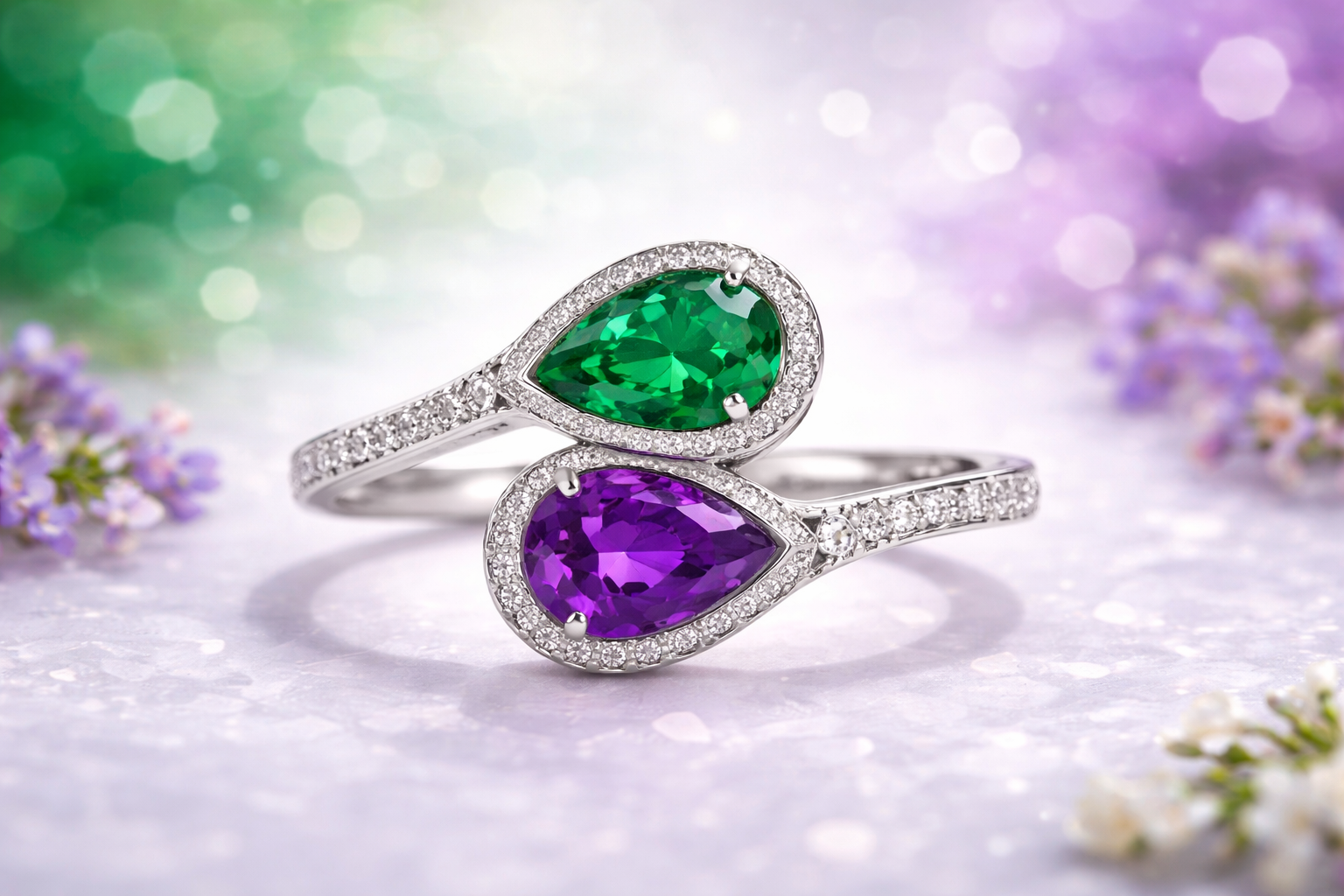 Toi et moi ring of amethyst and emerald gemstone