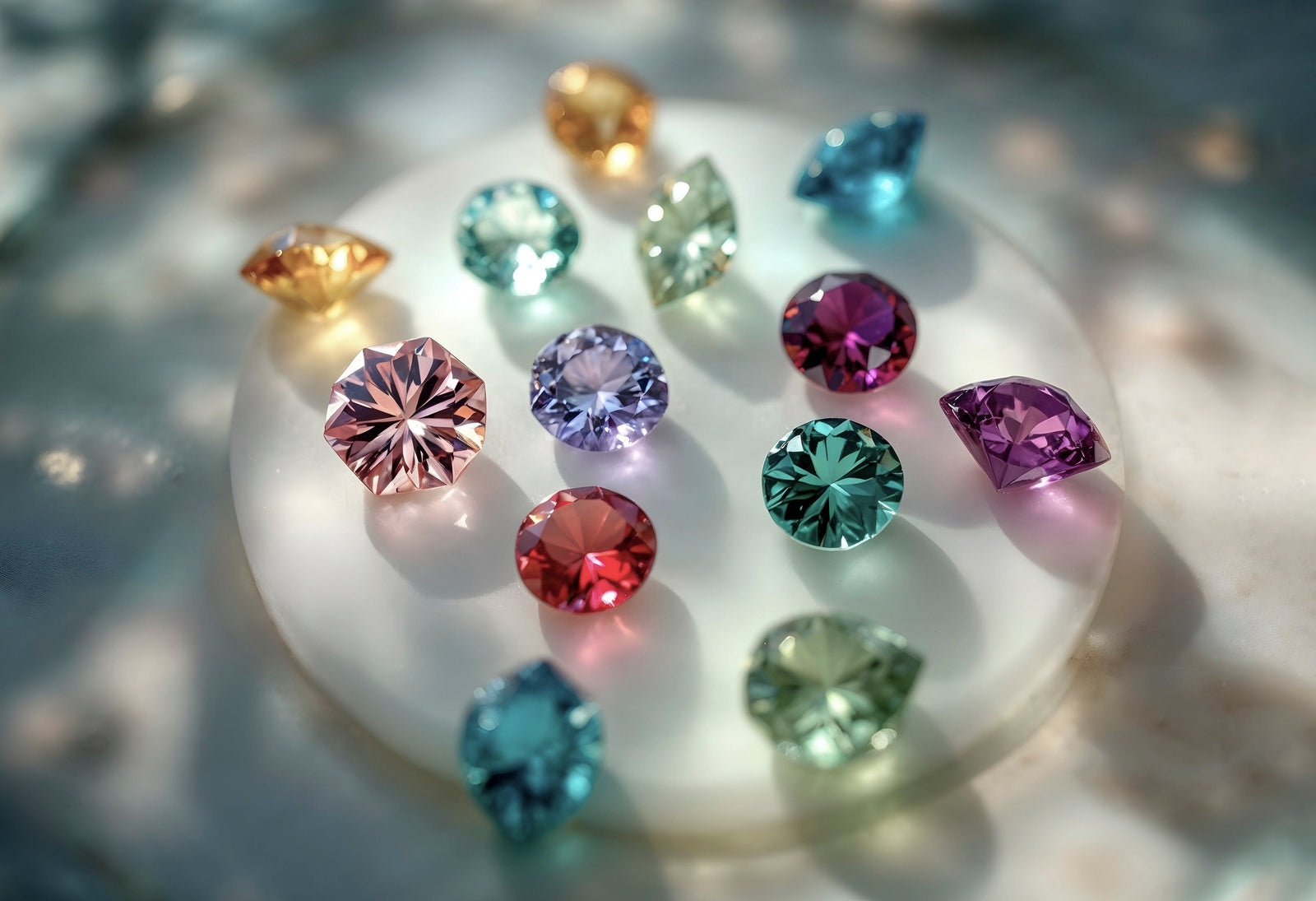 monthly gemstone chart displaying UK birthstones with vibrant coloured gems, names, and corresponding birth months arranged in a circular layout