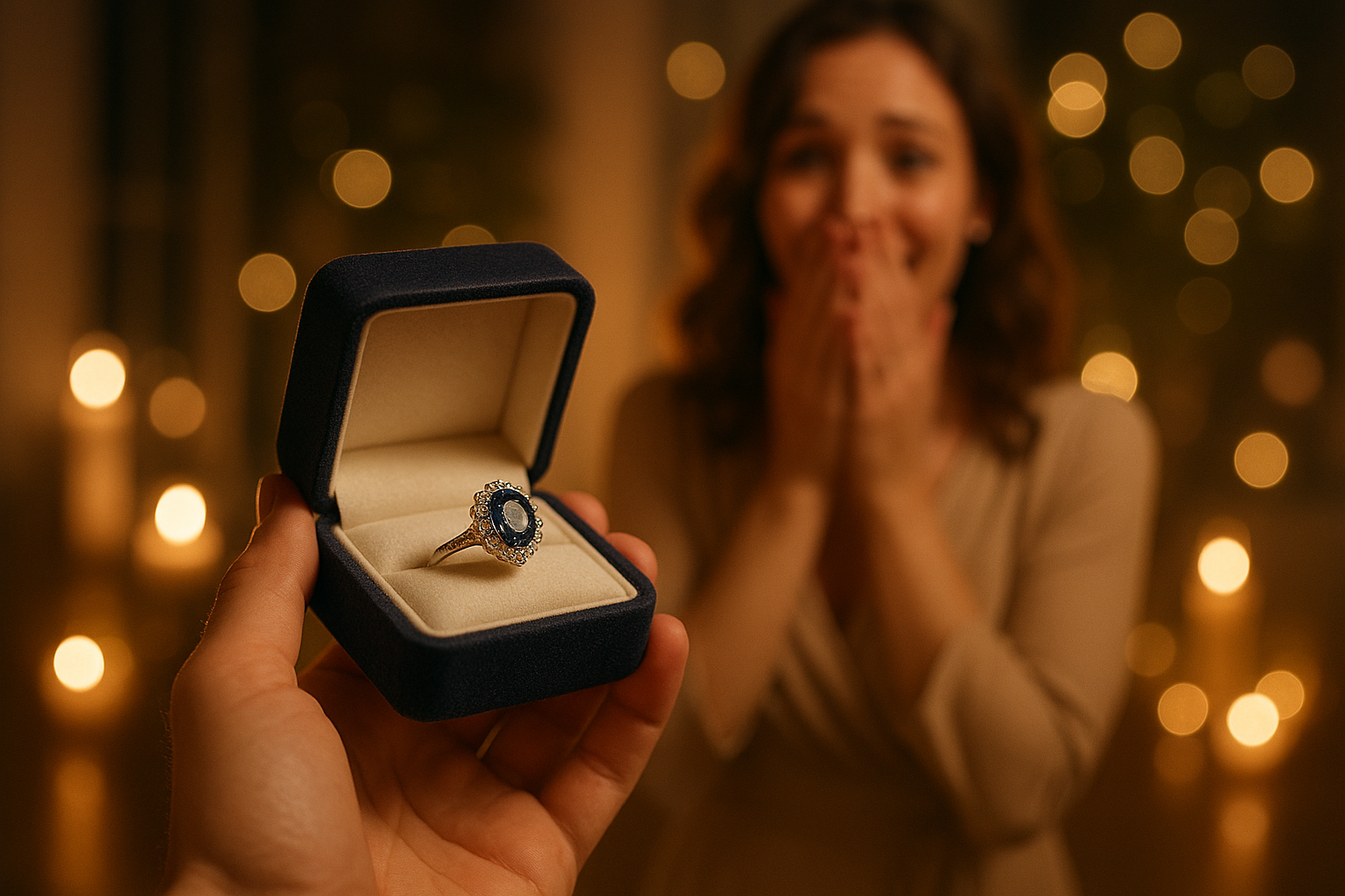 Romantic couple during engagement proposal with ring