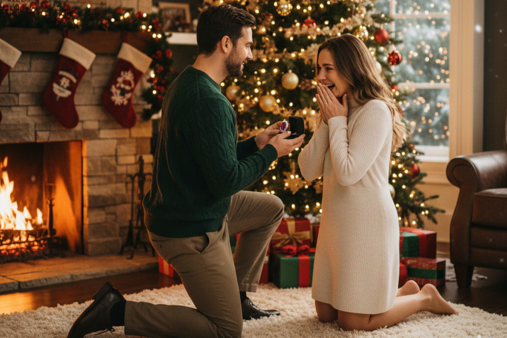 Romantic Christmas proposal with engagement ring