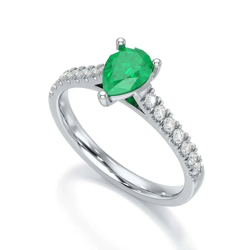 Pear Emerald with Diamond Set Shoulders Ring in 18ct Gold and Platinum