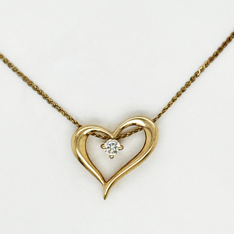 9K Yellow Gold Open Heart Diamond Pendant Necklace