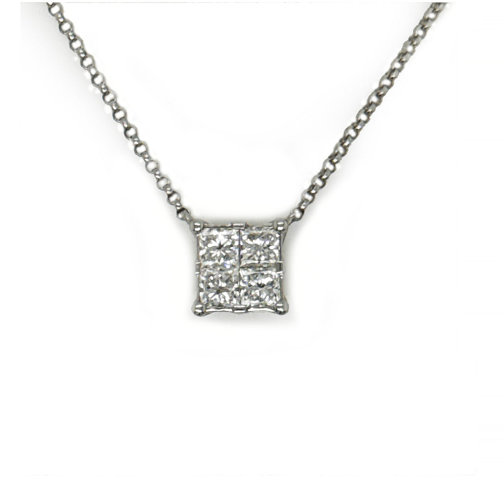 14K White Gold Princess-Cut Cluster Diamond Pendant Necklace