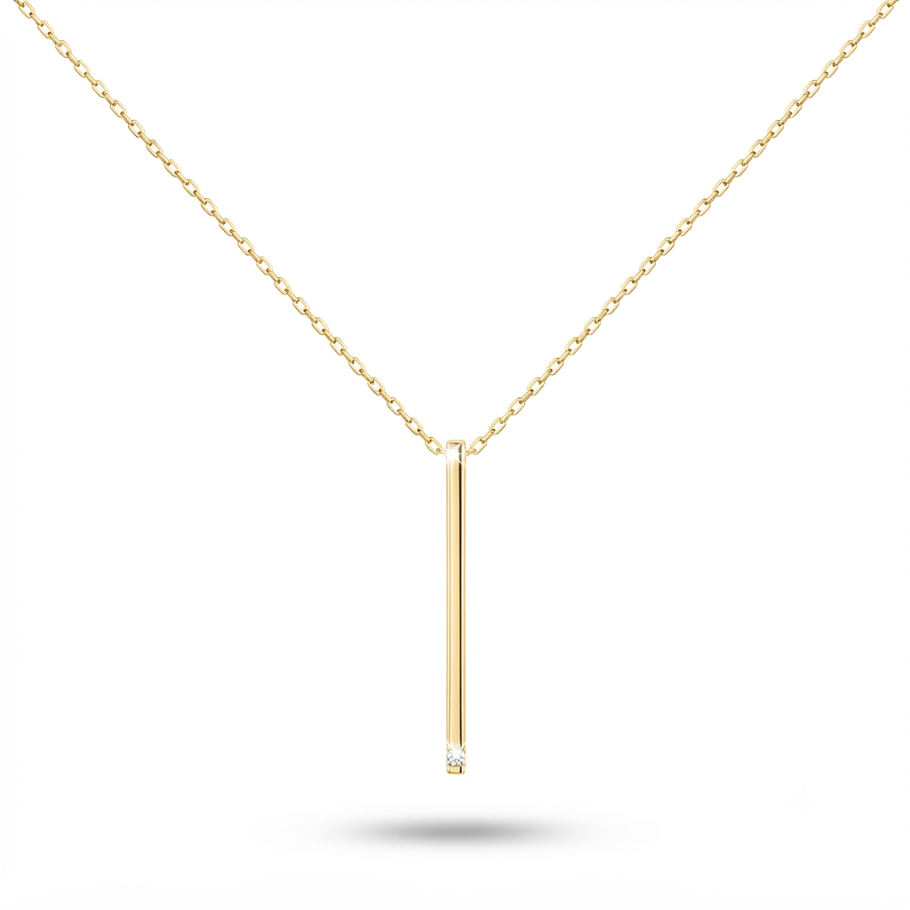 9K Yellow Gold Vertical Bar Pendant Necklace with Diamond Accent