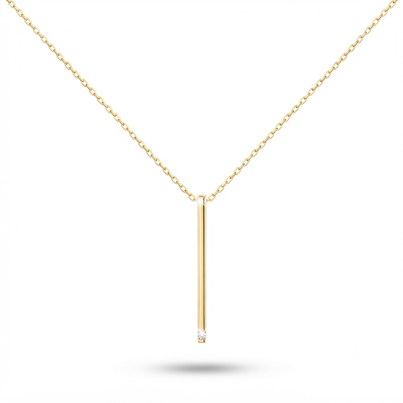 9K Yellow Gold Vertical Bar Pendant Necklace with Diamond Accent