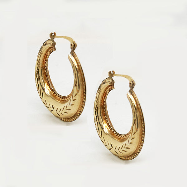 9K Yellow Gold Engraved Hoop Earrings