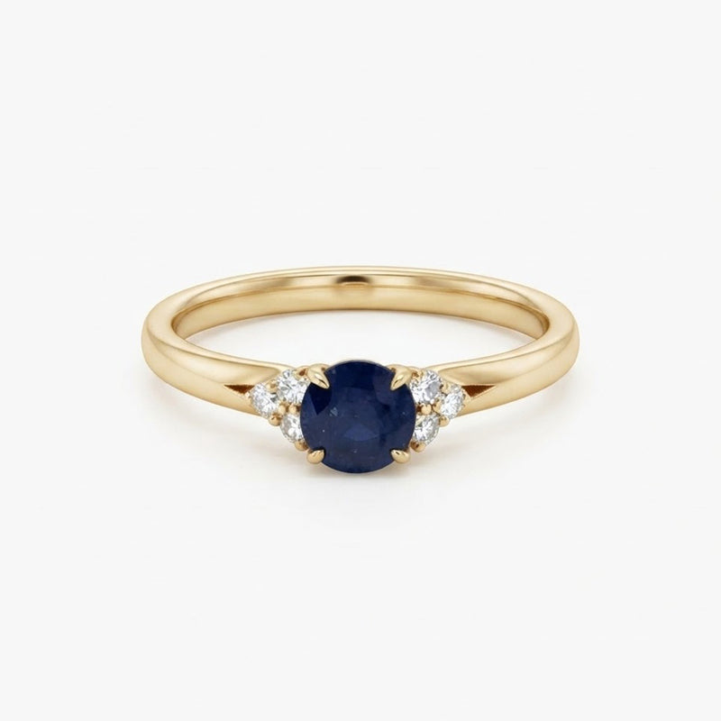 9K Yellow Gold Round Blue Sapphire &amp; Diamond Cluster Ring