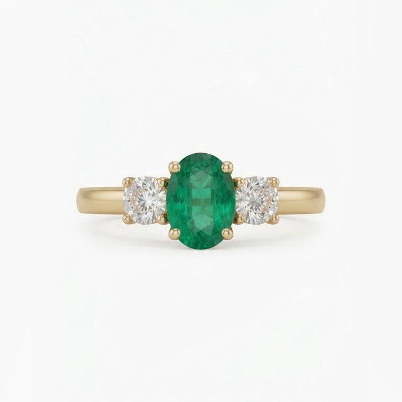 9K Yellow Gold Three-Stone Emerald &amp; Diamond Ring