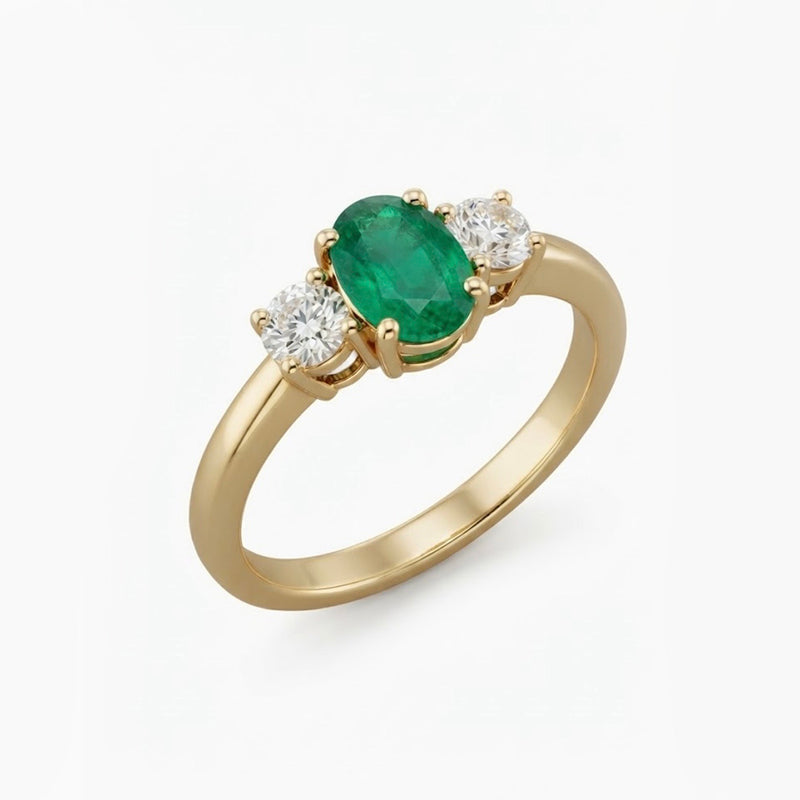 9K Yellow Gold Three-Stone Emerald &amp; Diamond Ring