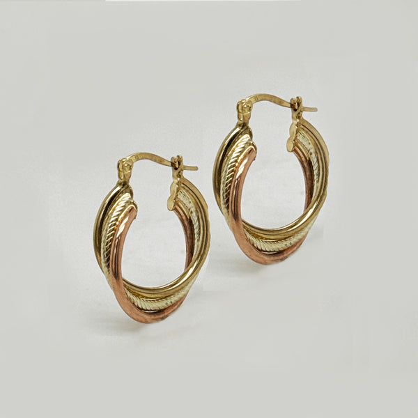 9K Yellow Gold Tricolor Interwined Hoop Earrings
