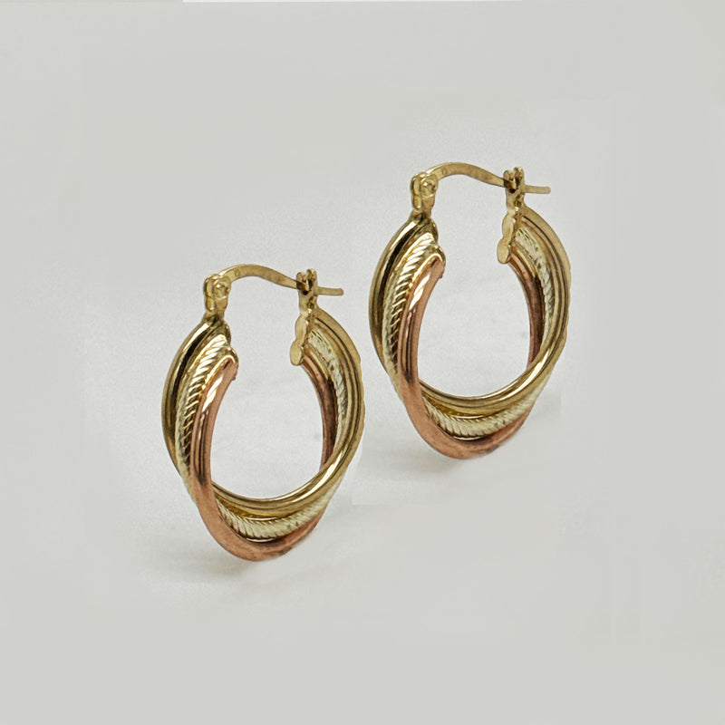 9K Yellow Gold Tricolor Interwined Hoop Earrings