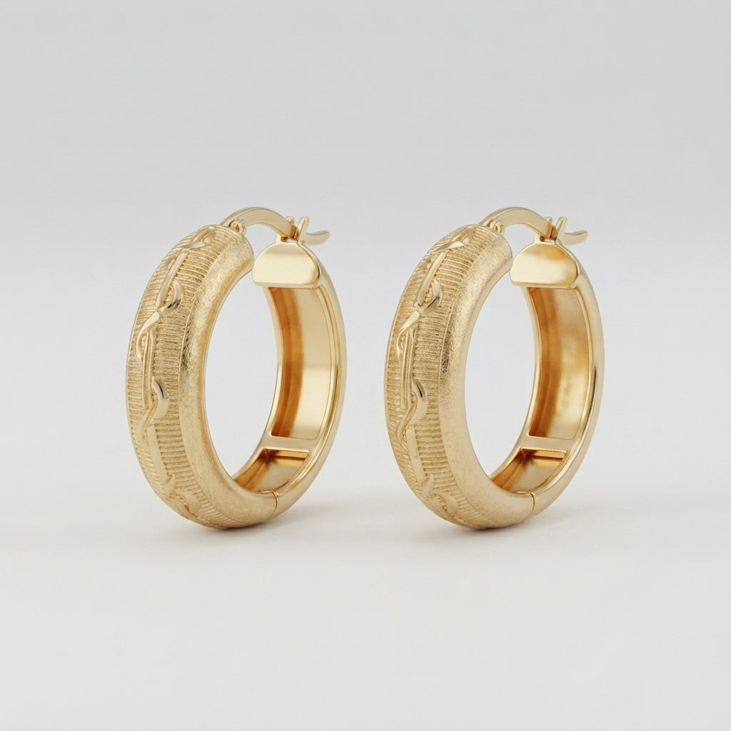 9K Yellow Gold Textured Hoop Earrings