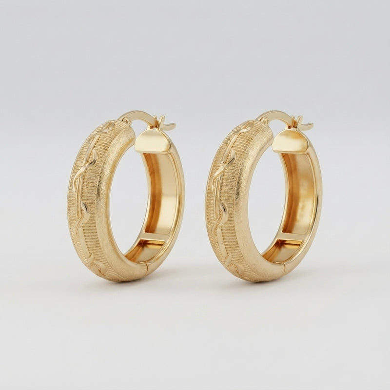 9K Yellow Gold Textured Hoop Earrings