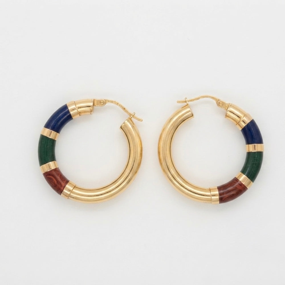 9K Yellow Gold Multicolor Enamel Hoop Earrings