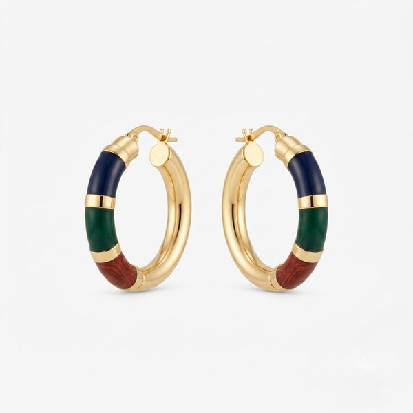 9K Yellow Gold Multicolor Enamel Hoop Earrings