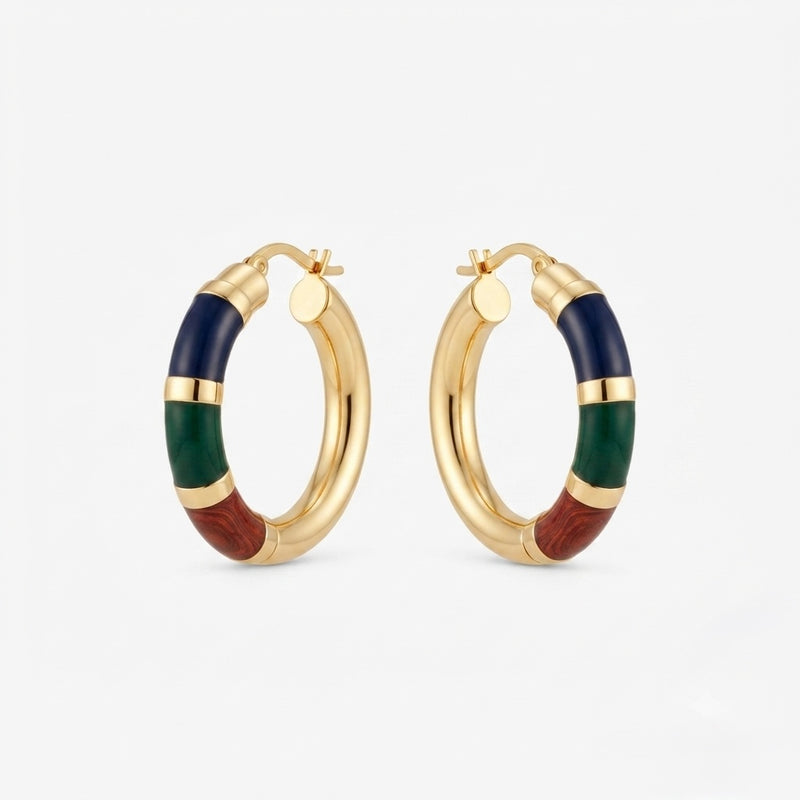 9K Yellow Gold Multicolor Enamel Hoop Earrings