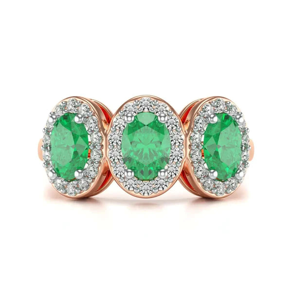 18ct Rose Gold Diamond Halo 3 Emeralds engagement Ring 