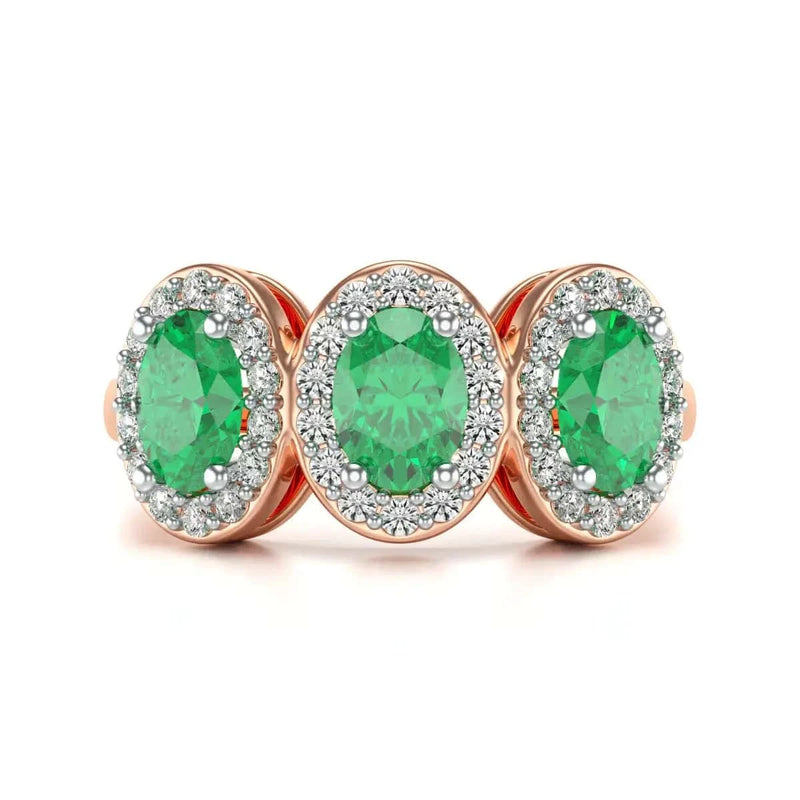 18ct Gold Diamond Halo 3 Emeralds Ring 