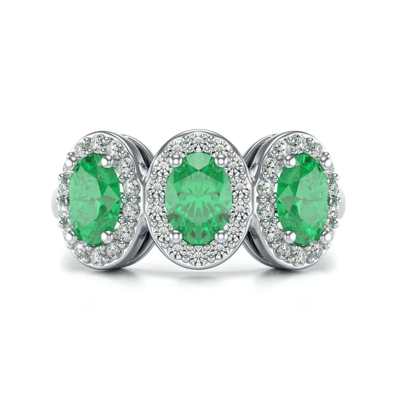 18ct white Gold Diamond Halo 3 Emeralds Ring 