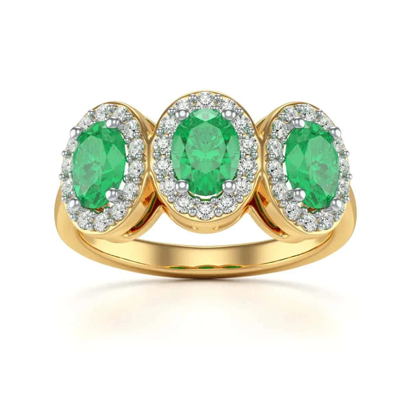 18ct Rose Gold Diamond Halo 3 Emeralds engagement Ring 