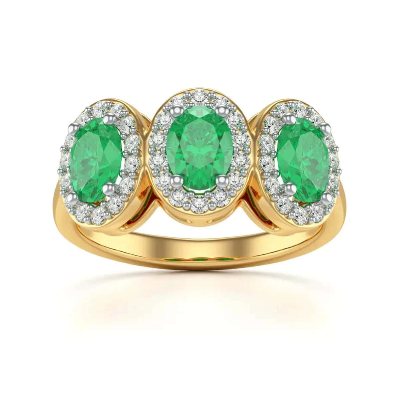 18ct Gold Diamond Halo 3 Emeralds Ring - Oval Shape