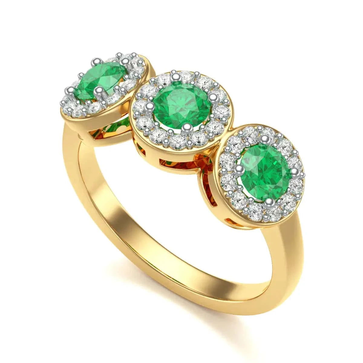 18ct Gold Diamond Halo 3 Emeralds Ring - Round Shape