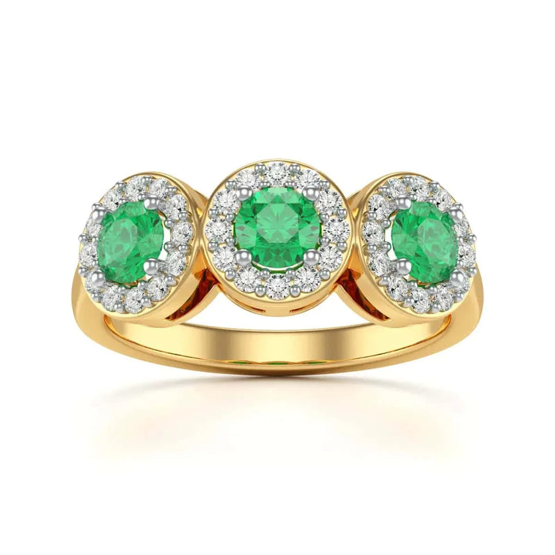 18ct Gold Diamond Halo 3 Emeralds Ring - Round Shape